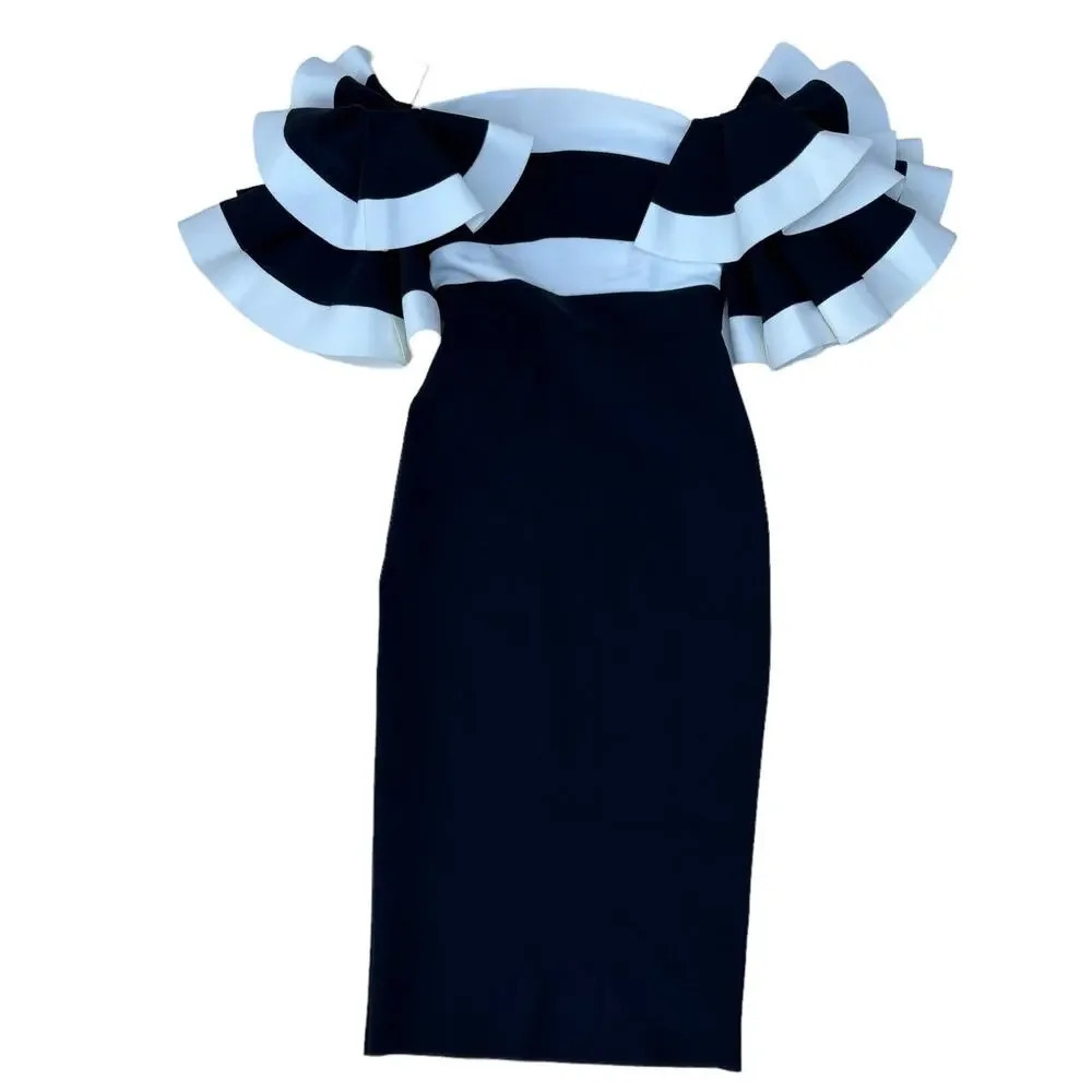 Chiara Boni La Petite Robe Off-The-Shoulder Ruffle-Sleeve Midi Dress US Size 2 - Picture 3 of 7